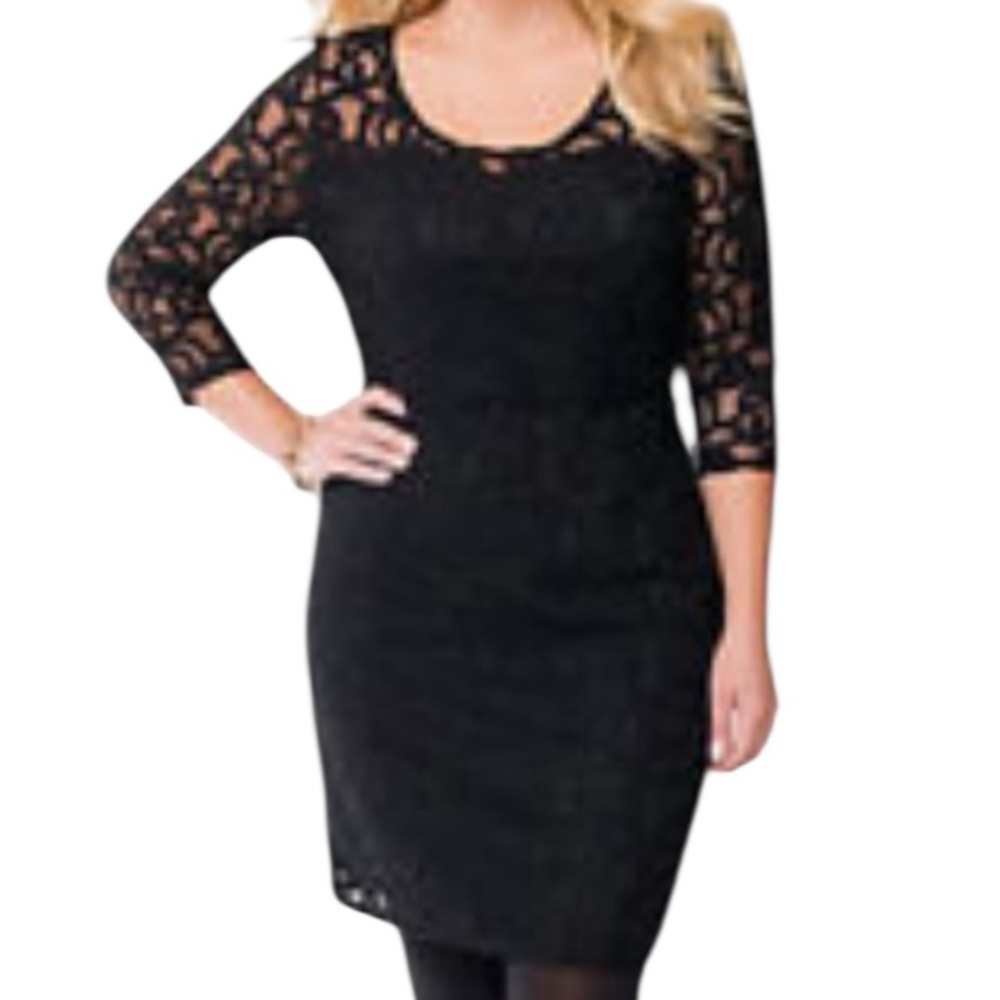 Lane Bryant Black Lace Illusion Style 3/4 Sleeve Sheath Dress 14